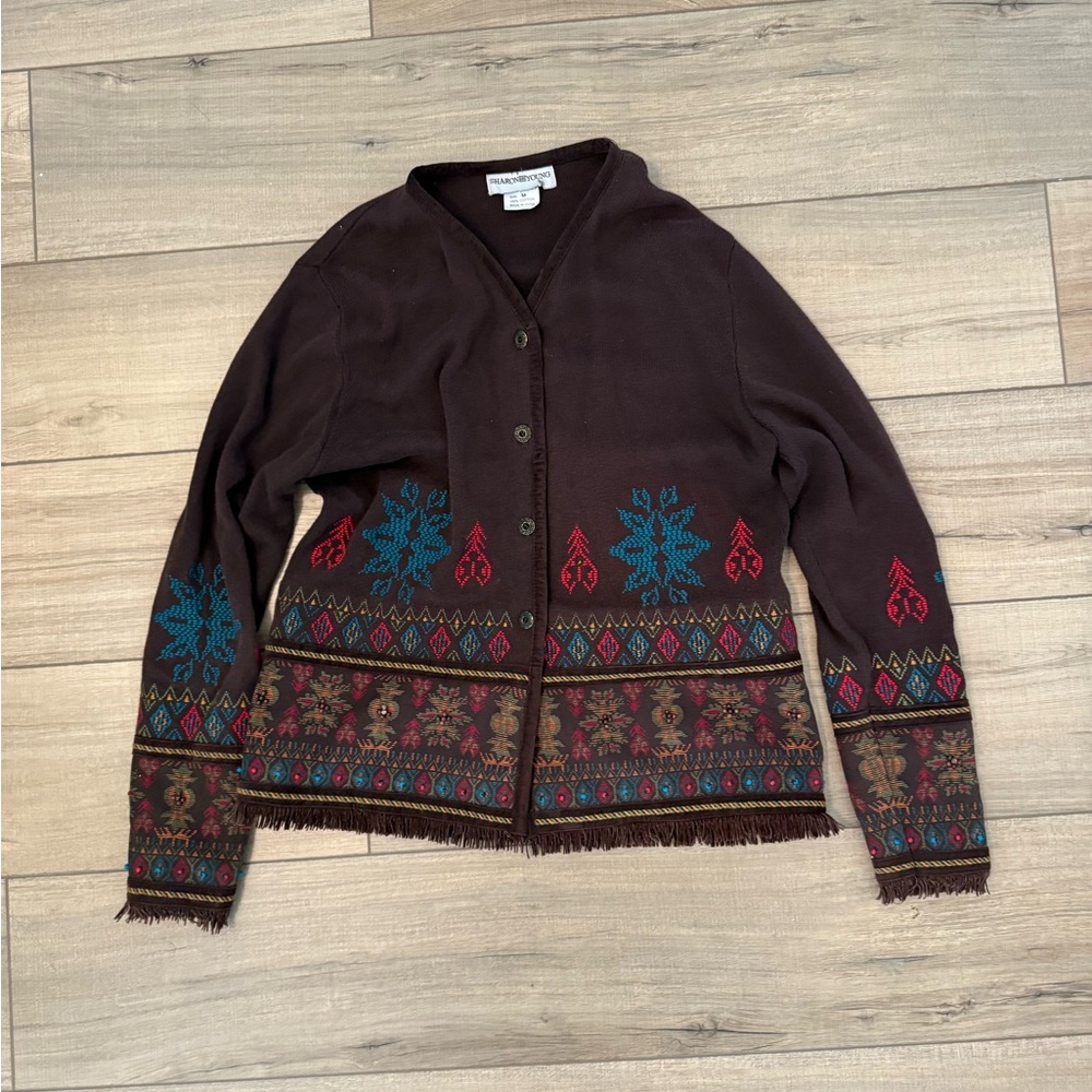 Vintage Brown Sharon Young 100% Cotton Beaded & Embroidered Fringe Cardigan